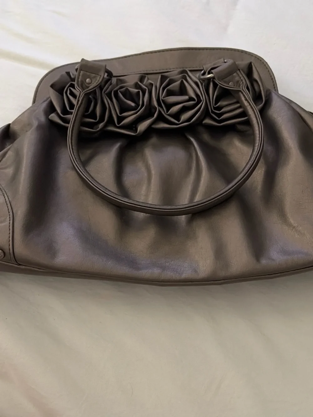 Women's Grey Leather Tote Bag with Rosette Detail